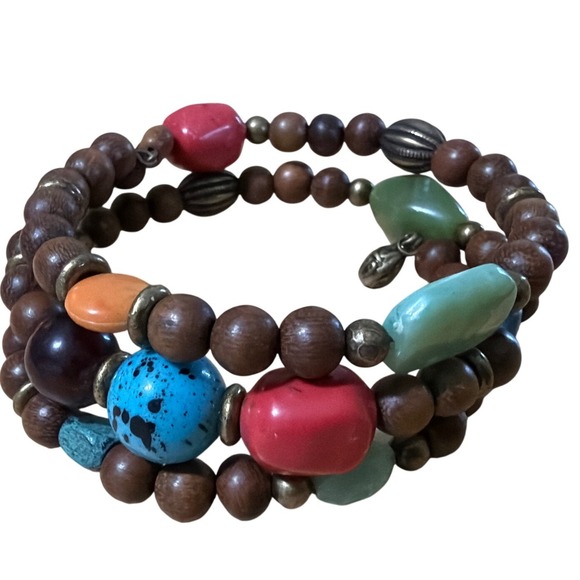 Jewelry - Boho Multi Strand Wood‎ and Colorful Chunky Bead Wrap Bracelet Layering